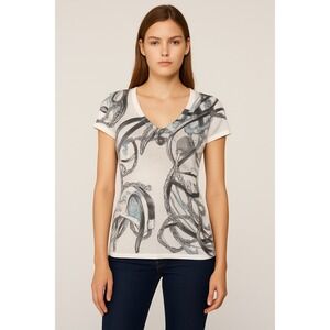 Gucci‎ Womens T-Shirt White V-Neck Graphic Print Chain Equestrian Size S